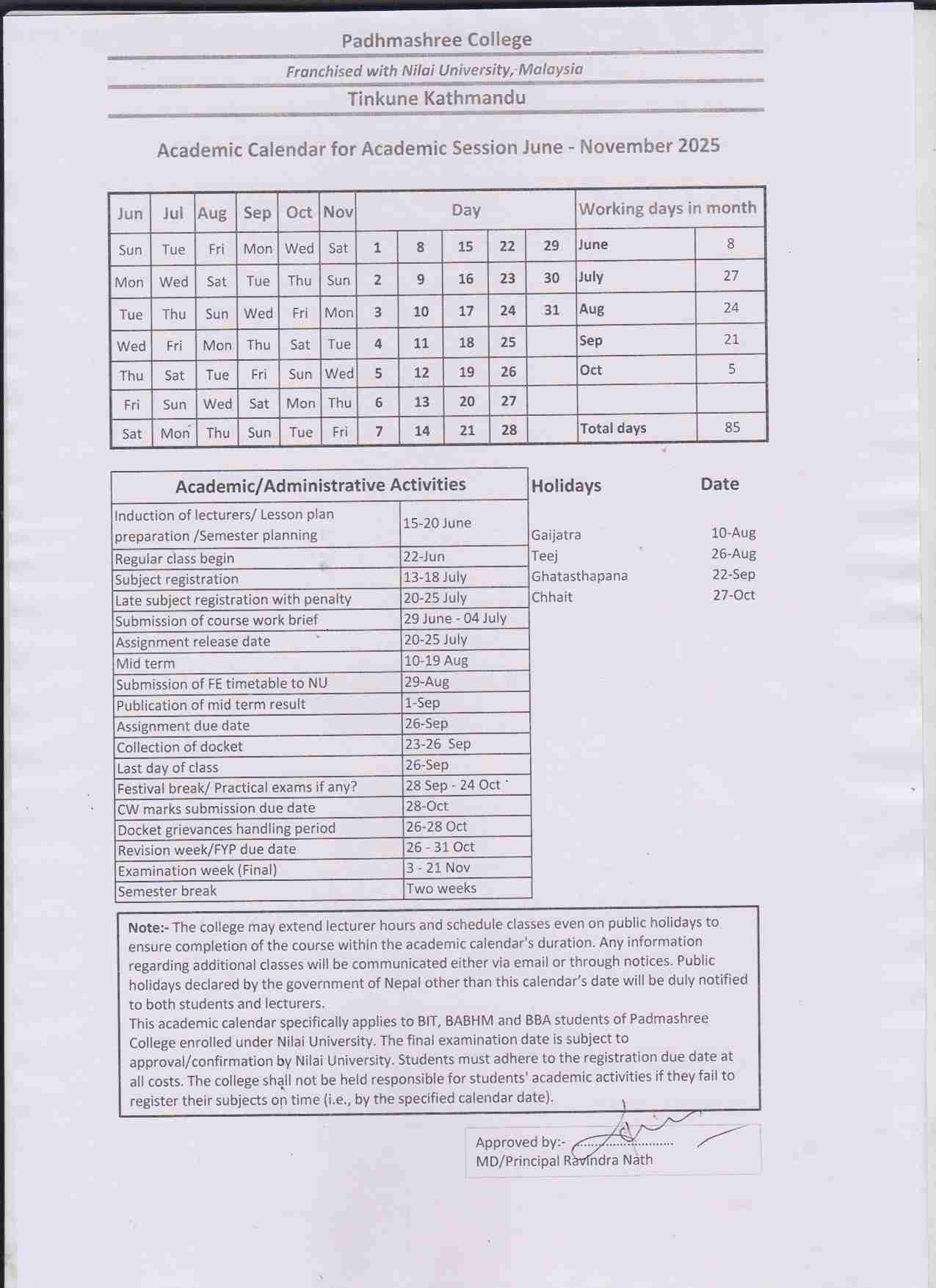 Academic Calendar for Academic Session June - November 2025